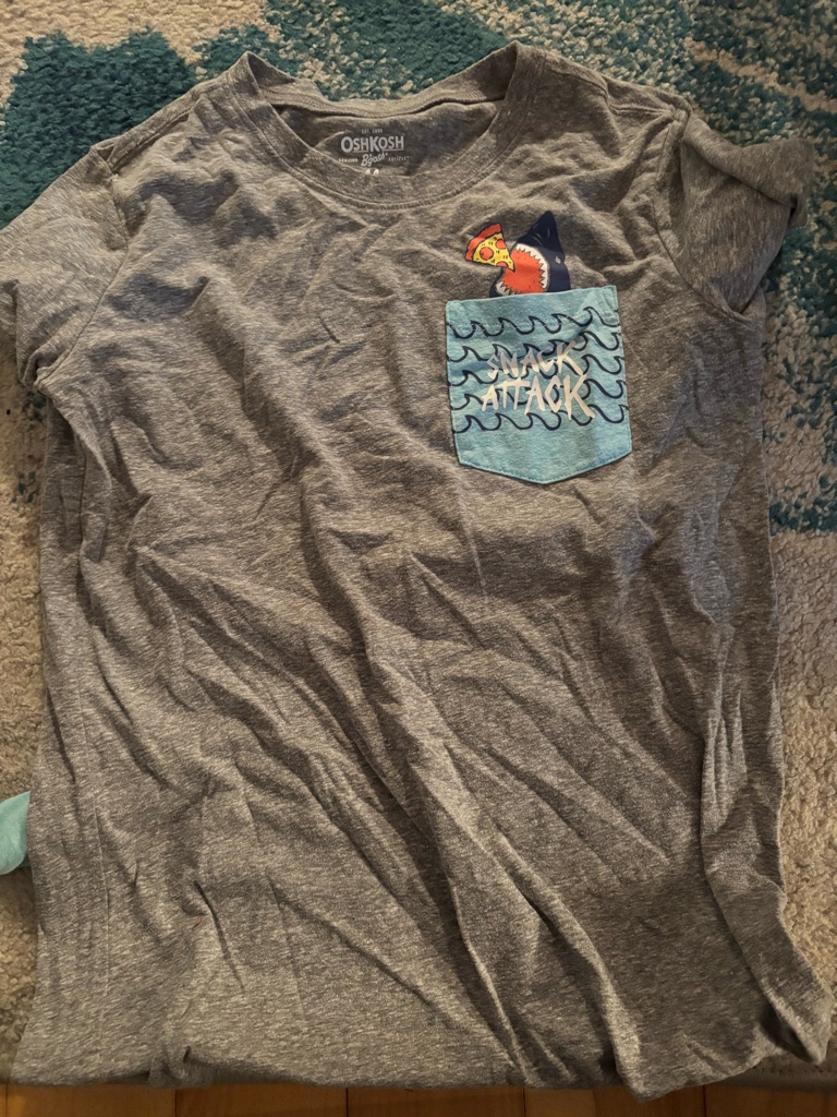 Oshkosh B'gosh Gray Tee With Blue Pocket And Shark Pizza Graphic
